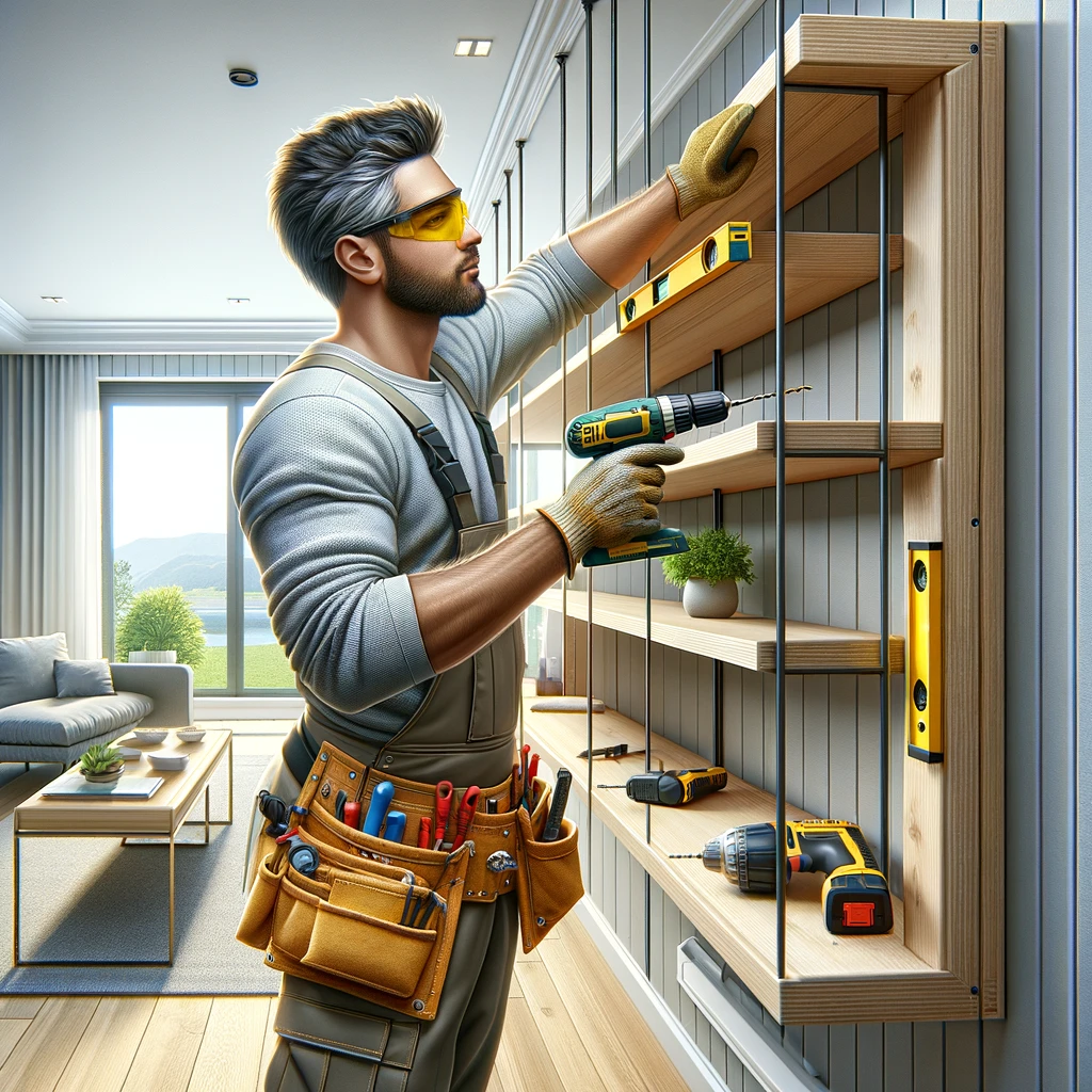 Un homme à tout faire qui installe des tablettes au murs